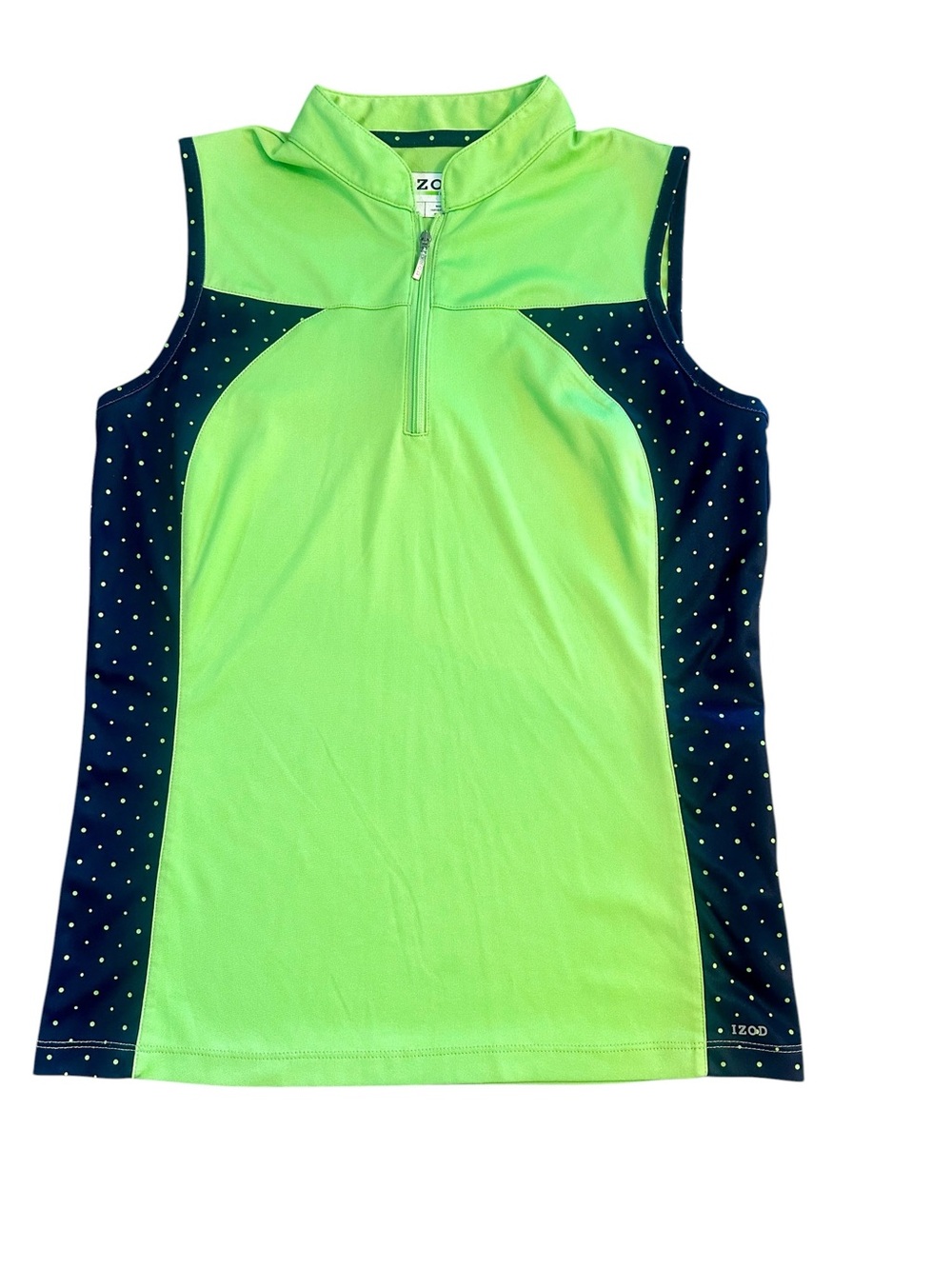IZOD Golf Sleeveless Mock Neck Top Womens Medium Lime Green Navy Blue Polka Dots